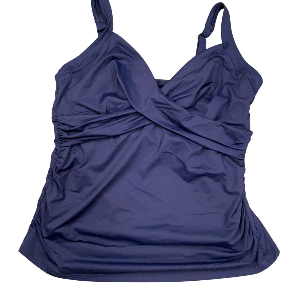 Lands' End Tankini Top Womens 16 D Navy Blue Surplice Ruched Resort Beach Modest